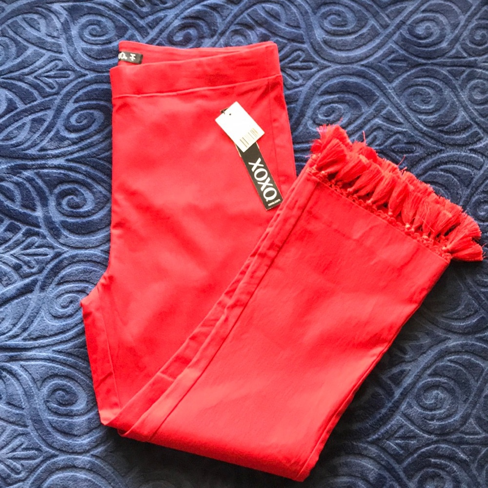 XOXO Red Tassel-Trimmed Cropped Flare Pants